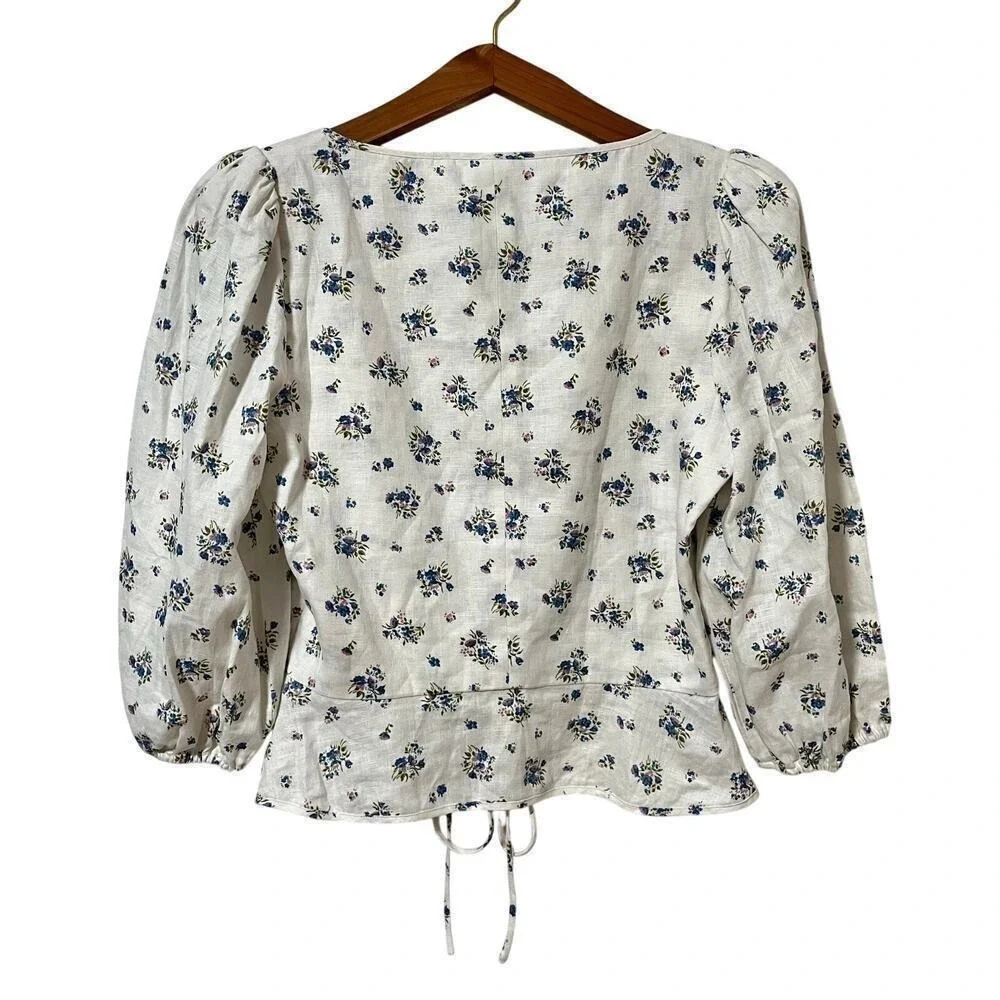Reformation Barrett‎ Ditsy Floral Linen Lace Up Top Size 12 Puff Sleeve Cottage